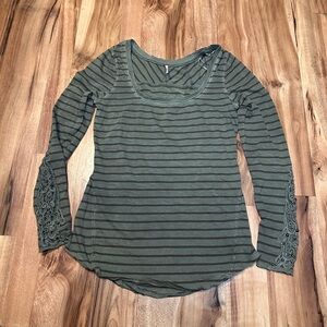 Free People Hard Candy Boho Olive Green Striped Long Sleeve Top Size XS